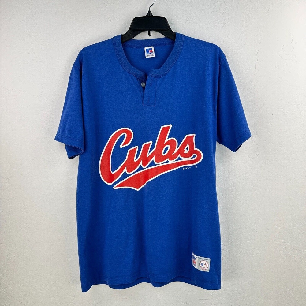 Vintage Russell Athletic Henley Shirt Mens L Blue Red Cubs MLB Baseball USA